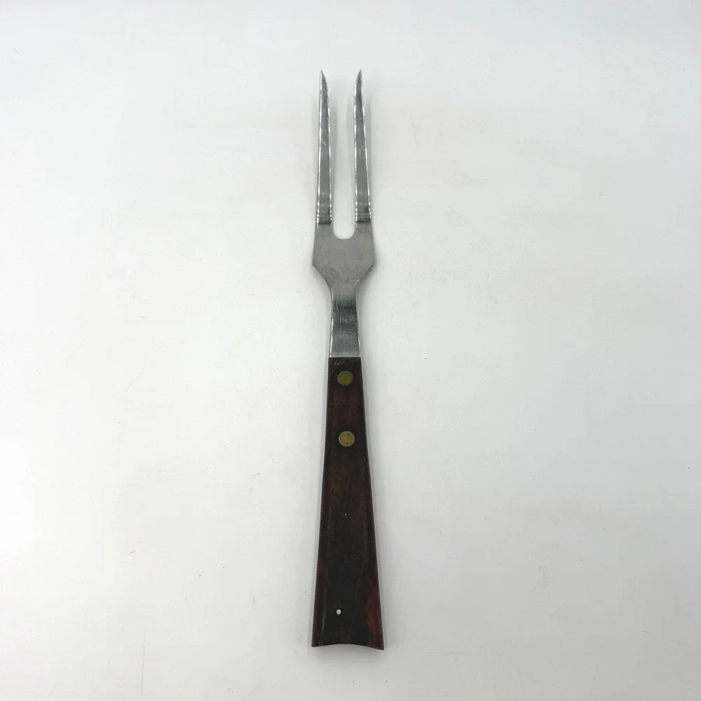 Vintage EMDEKO Stainless Steel Meat Carving Fork Wood Handle Brass Rivets MCM